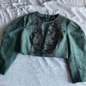 BCBGMAXAZRIA Forest Green full zip sequin embellished floral blouse